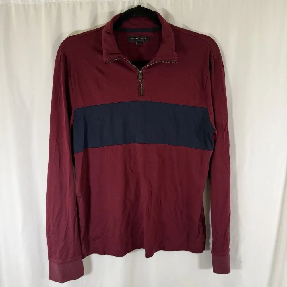 Banana Republic Luxury Touch Zip Up Men's Small Red Blue 1/4 Zip Long Sleeve